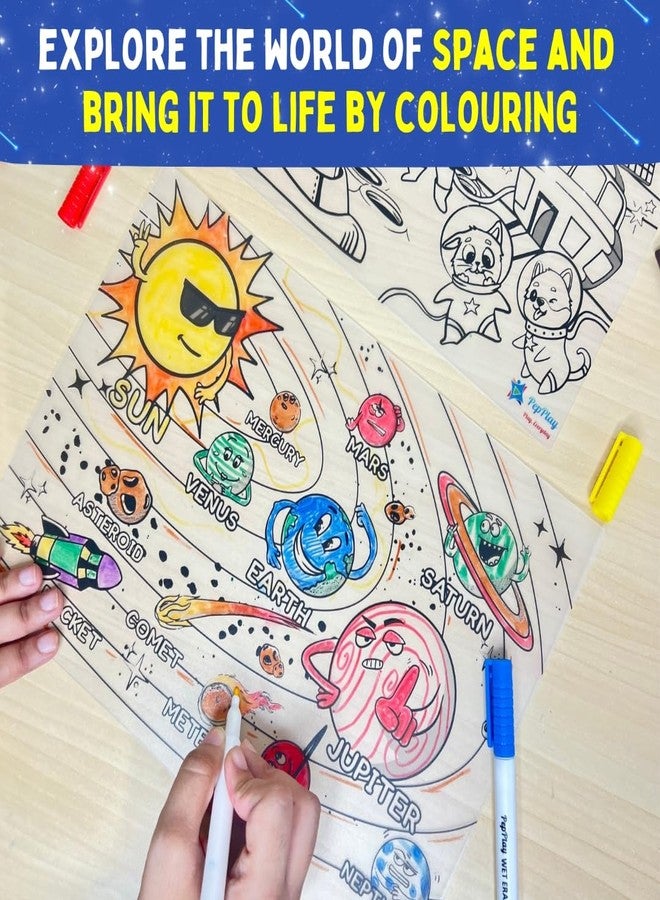 PepPlay Recolourables Doodle Mats - Space Saga, 2 Coloring mats, 6 Quick-Dry, Smudge-Free Markers, Mess-Free, Travel Art Kit for Kids Ages 3, 4, 5, 6, 7 | Space Theme, Christmas Gift for Boys & Girls - Image 3